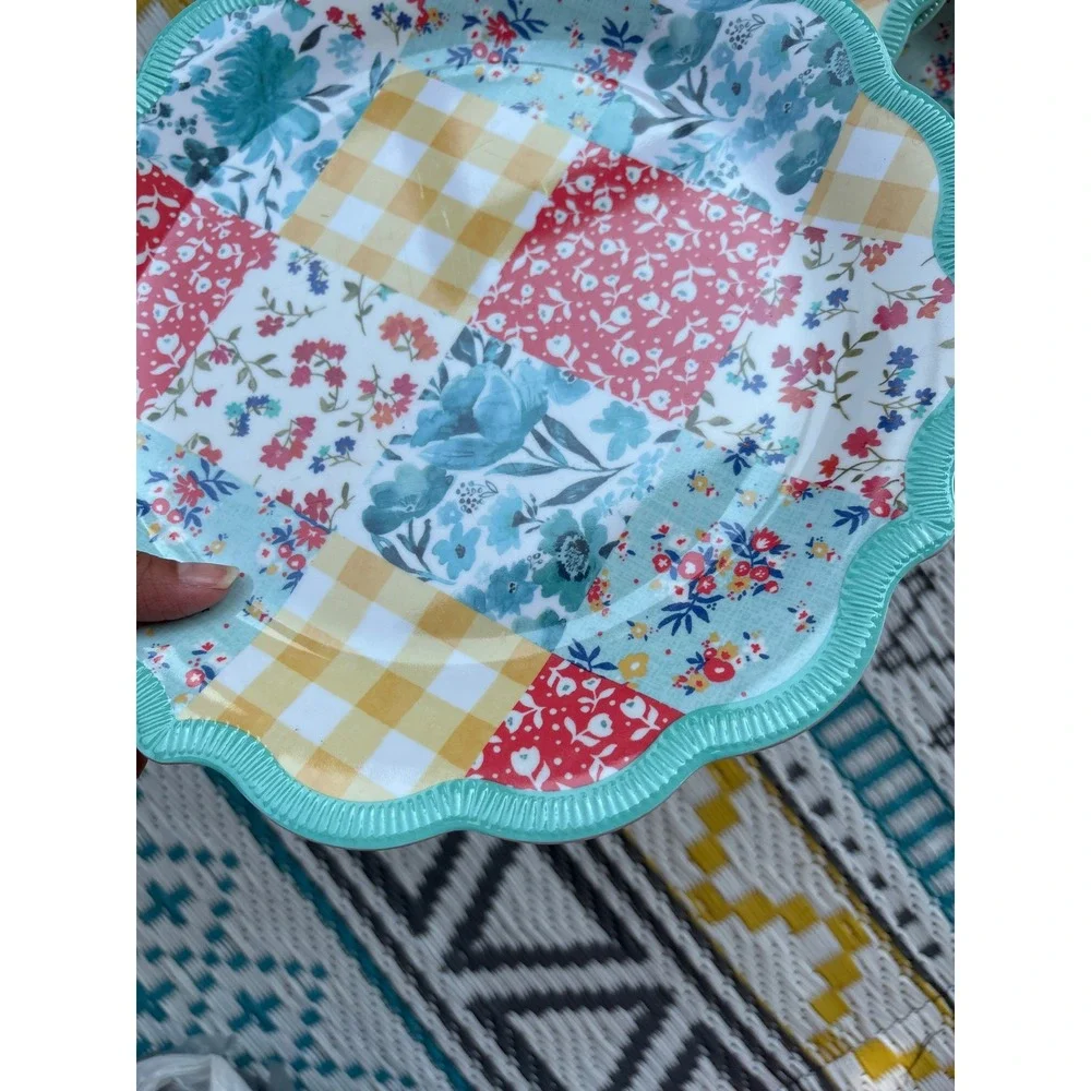Pioneer Woman Melamine Salad Plate Set 9in Floral Patchwork Scalloped Teal 10pc